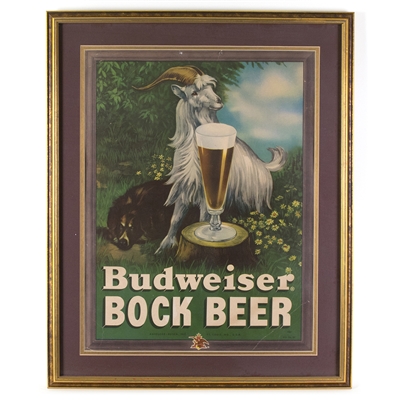 Budweiser Bock Beer Framed Lithographed Cardboard Sign 