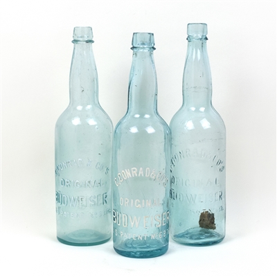(3) C. Conrad’s Original Budweiser Blob Top Bottles