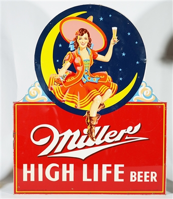 Miller High Life Lady on Moon Large Diecut Tin Advertising Sign -RARE-