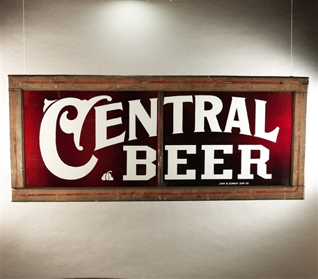 Central Beer Etched Ruby Red Glass Transom Sign UNIQUE VARIATION