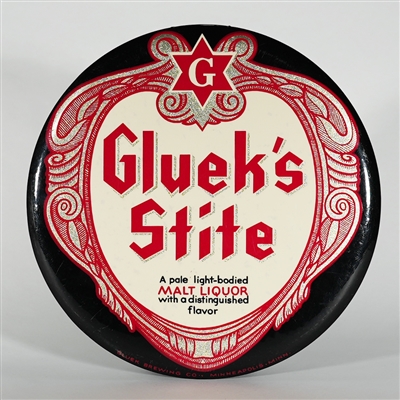 Glueks Stite Malt Liquor Celluloid over TOC Button Sign 