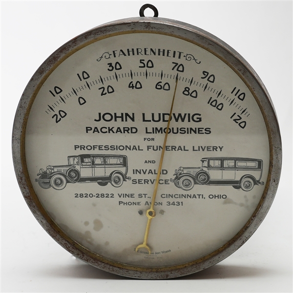 John Ludwig PACKARD Limousines Funeral Invalid Services Advertising Thermometer RARE