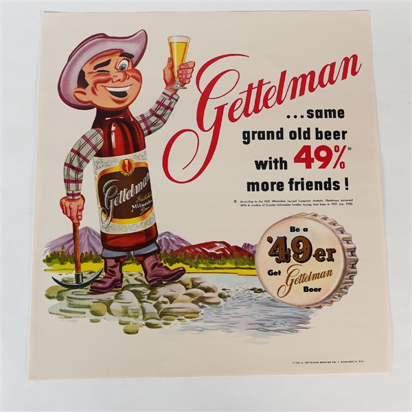 Gettelman 49er Bottle Character Lithograph MINTY