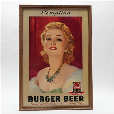 Burger Beer TEMPTING Pretty Lady Tin Advertising Sign