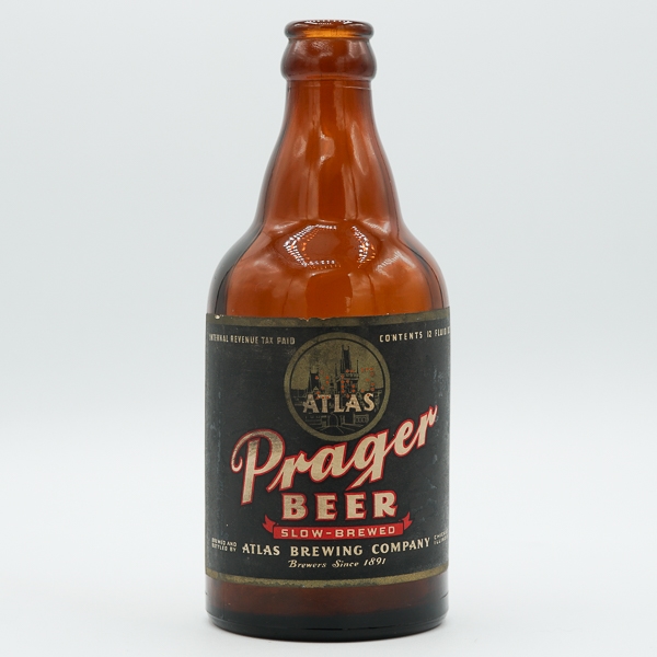 Atlas Prager Steinie Beer Bottle SLOW BREWED SOLID BLK BACKGROUND 