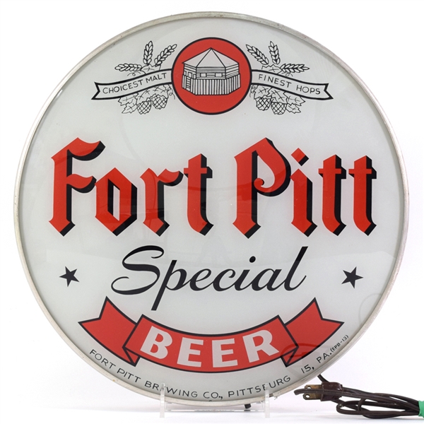 Fort Pitt Beer 1940s Illuminated Glass Front Sign