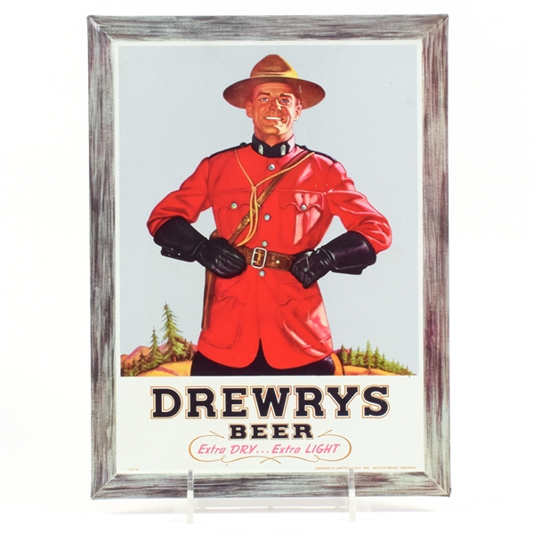 Drewrys Beer 1950s Self-Framed Mountie Tin Sign NEAR MINT