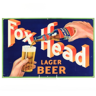 Fox Head Beer 1930s Embossed Tin Sign WOW