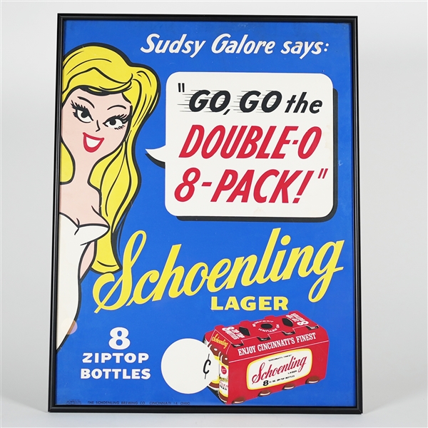 Schoenling Lager SUDSY GALORE Go Go Double O 8 Pack Zip Top Bottles Sign