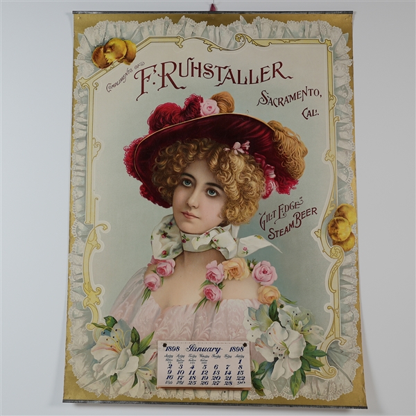 F Ruhstaller Gilt Edge Steam Beer 1898 Pretty Lady Calendar STUNNING