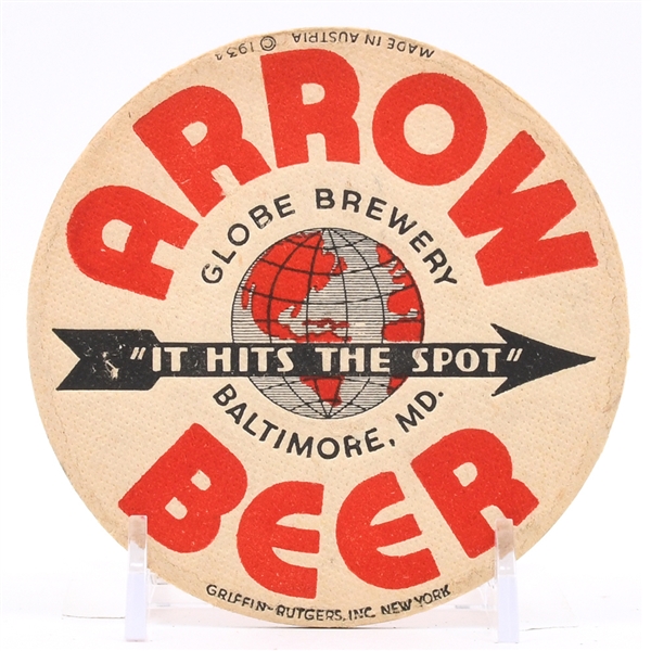 Arrow Beer 1930s 2-sided Coaster GLOBE HITS THE SPOT