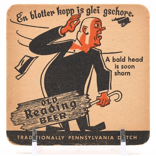 Old Reading Beer 1940s Square Coaster BALD HEAD SHORN