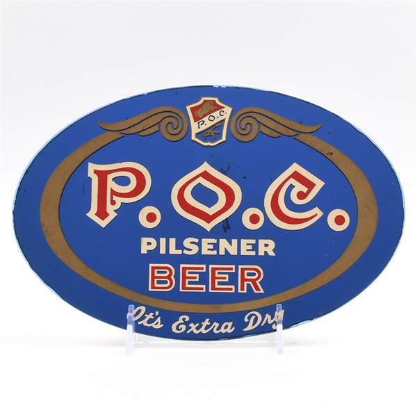 POC Beer 1940s Oval Reverse-Painted Glass Mirrored Sign