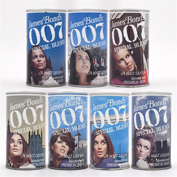 James Bond 007 Pull Tabs WHITE STRIPE VERSION COMPLETE SET OF 7 CANS SUBJECT TO LOTS 279-285