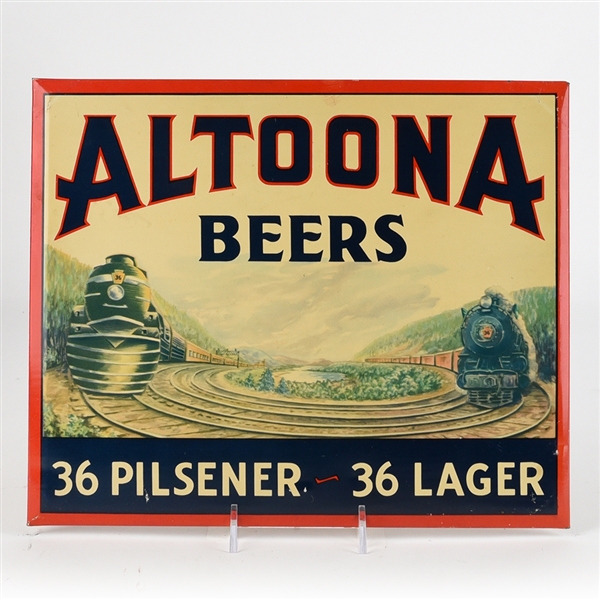 Altoona Beers 1930s Tin-Over-Cardboard Sign STEAM LOCOMOTIVES RARE