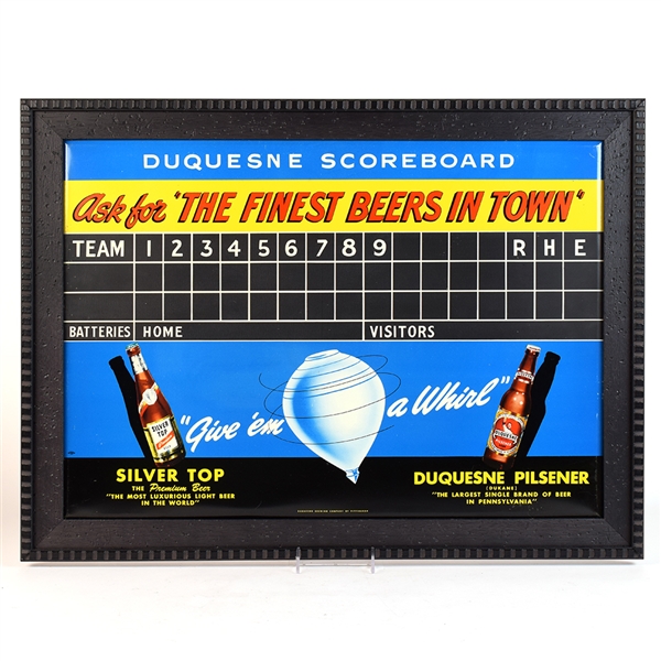 Duquesne-Silver Top 1950s Tin Baseball Scoreboard GIVE EM A WHIRL