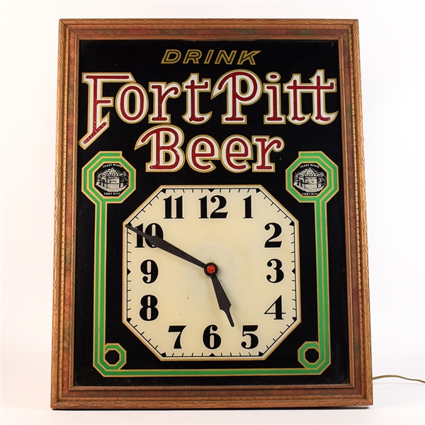 Fort Pitt Beer 1930s Illuminated Reverse Painted Glass Clock AMAZING