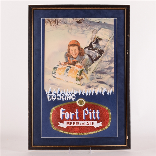 Fort Pitt Beer-Ale 1940s Cardboard Sign SLEDDING