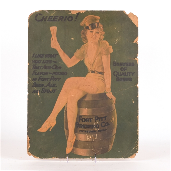 Fort Pitt Brewing 1940s Cardboard Sign PIN-UP GIRL