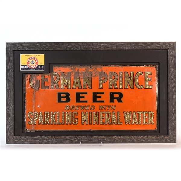 German Prince Beer 1930s Tin Sign With Inset Paper Label