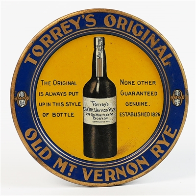 Torreys Original Old Mt Vernon Rye Bottle Antique Tin Litho Tip Tray