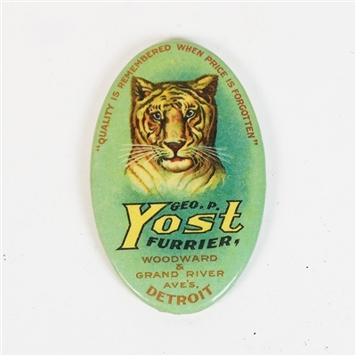 Yost Furrier Woodward Grand River DETROIT Bengal Tiger Antique Pocket Mirror