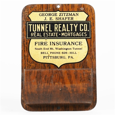 Tunnel Realty Fire Insurance Antique Tin Litho Advertising Match Holder Strike