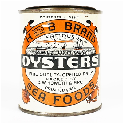 H and B Brand Oysters Pint Tin Advertising Can MARYLAND