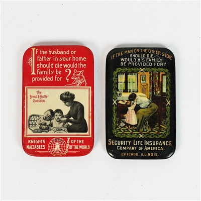 Security and Knights Maccabees Life Insurance Celluloid Over Tin Antique Pocket Mirrors