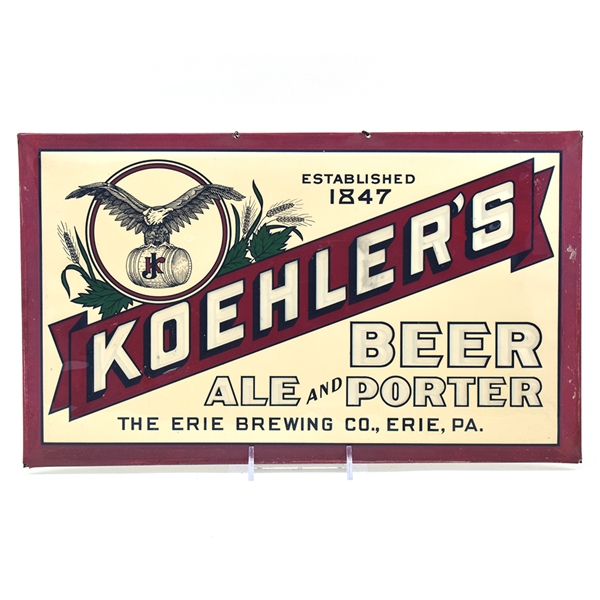 Koehlers Beer-Ale-Porter 1930s Tin-Over-Cardboard Sign