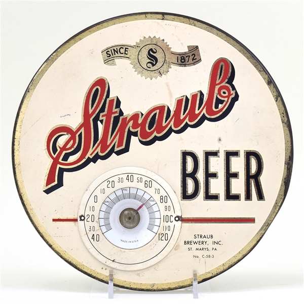 Straub Beer 1940s Tin-Over-Cardboard Thermometer Sign