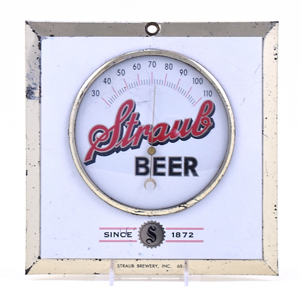 Straub Beer 1940s Tin-Over-Cardboard Thermometer Sign