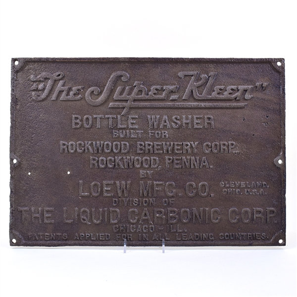 The Super Kleen Bottle Washer 1930 Cast Iron Brand Plate ROCKWOOD BREWERY