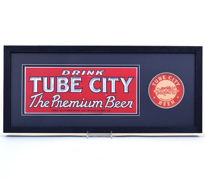 Tube City Beer 1930s Tin-Over-Cardboard Sign and Coaster