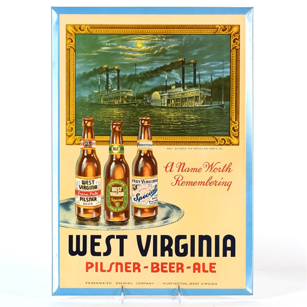 West Virginia Beer-Ale 1930s Tin-Over-Cardboard Sign STEAMBOAT RACE