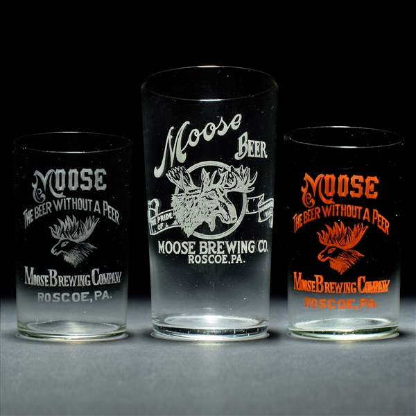 Moose Brewing Drinking Glasses 3 Different Etched Enameled SCARCE