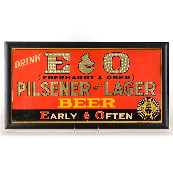 E and O Eberhardt and Ober 1930s Tin-Over-Cardboard Sign EARLY AND OFTEN CLEAN