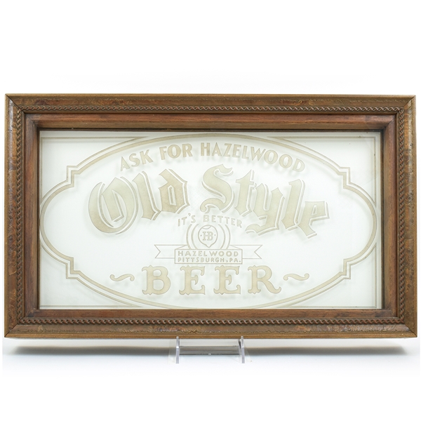 Hazelwood Old Style Beer 1930s Heavy Etched Glass Sign RARE