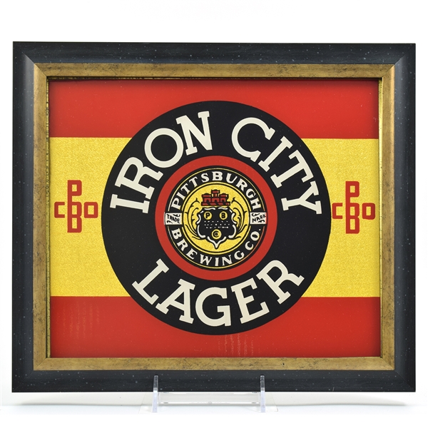 Iron City 1930s Reverse-Painted Glass Easel Sign STUNNING MINTY