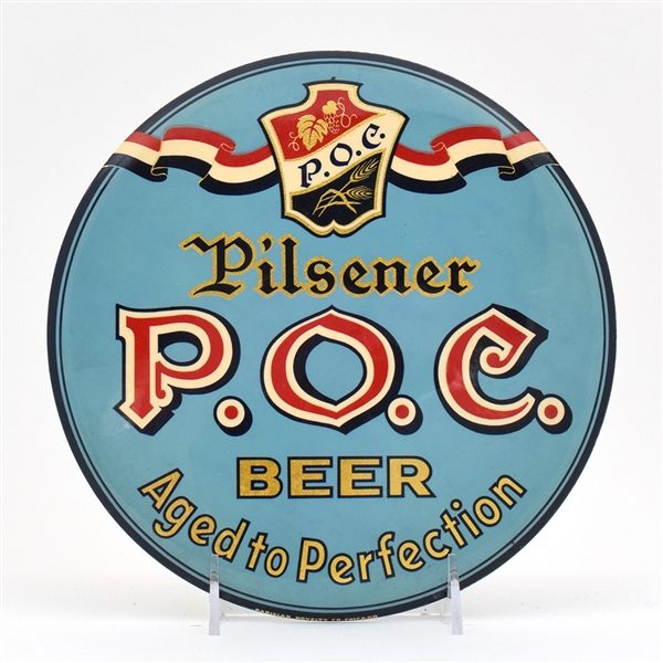 P.O.C. Beer 1940s Button Sign CLEVELAND OH MINTY