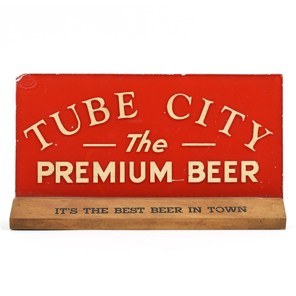 Tube City Premium Beer 1930s Reverse-Painted Glass Sign With Wood Base