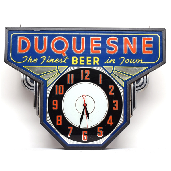 Duquesne Beer 1930s Deco Reverse-Painted Glass Illuminated Clock STUNNING