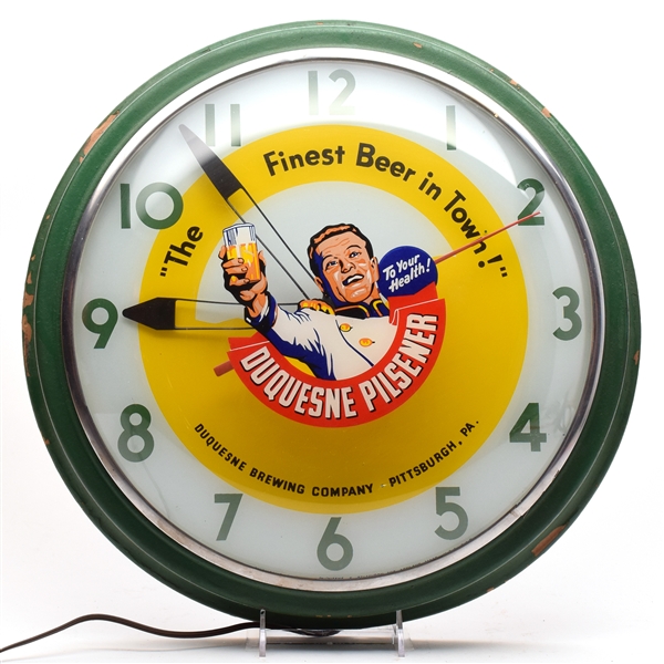 Duquesne Beer 1950s Telechron Reverse-Painted Glass Illuminated Clock