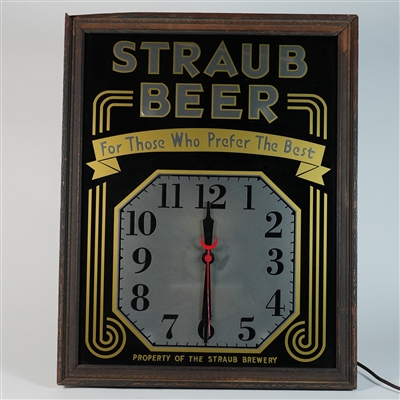 Straub Beer Large 1930s Reverse-Painted Glass Illuminated Clock RARE