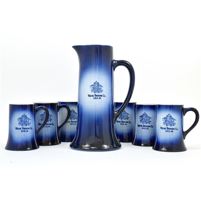 Wayne Brewing Set of 6 Pre-Proh Cobalt Glazed Ceramic Mugs Pitcher SCARCE