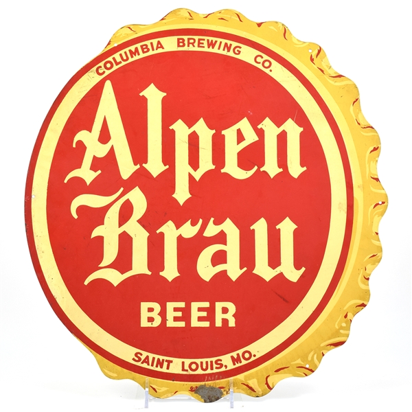 Alpen Brau Beer 1930s Tin Diecut Bottle Cap Crown Sign SHARP