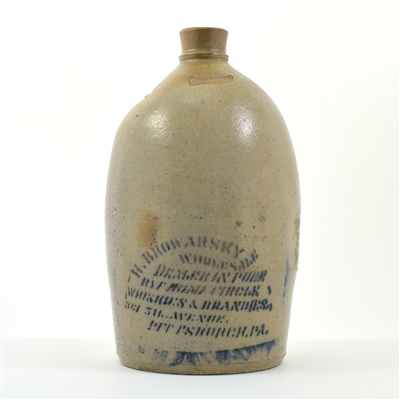 H Browarsky Liquor Wholesales Pre-Prohibition Glazed Blue Decorated Stoneware Jug