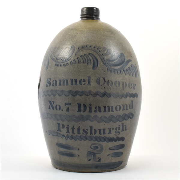 Samuel Cooper Large Pre-Prohibition Ornately Cobalt Decorated Stoneware Jug WOW