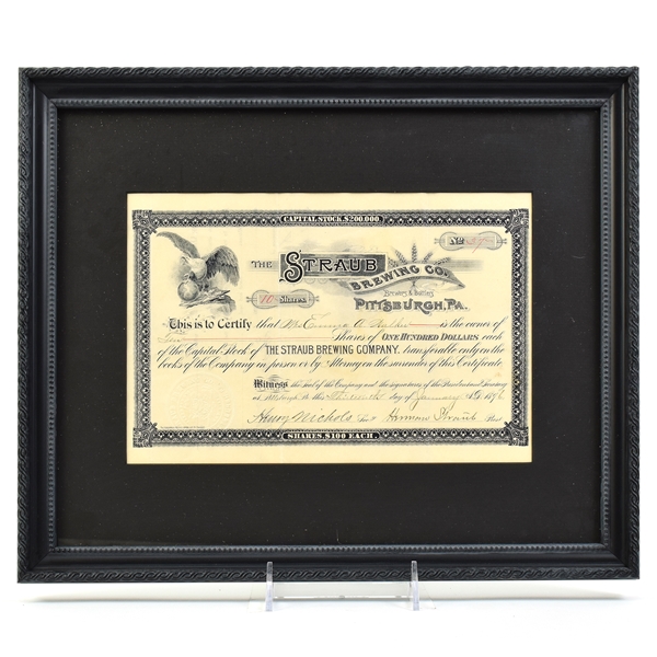 Straub Brewing Co 1896 Stock Certificate