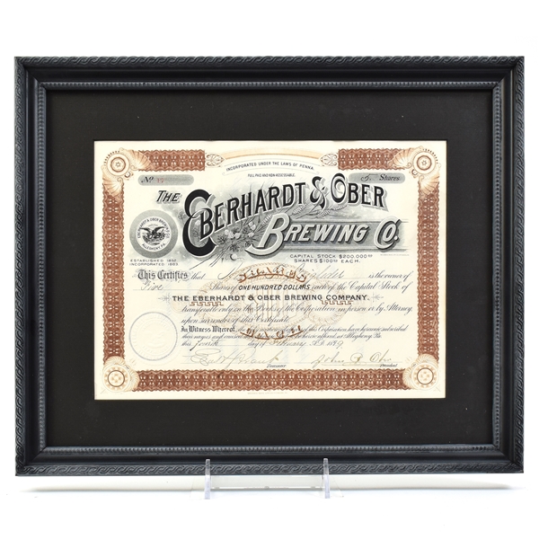 Eberhardt and Ober Brewing 1899 Stock Certificate